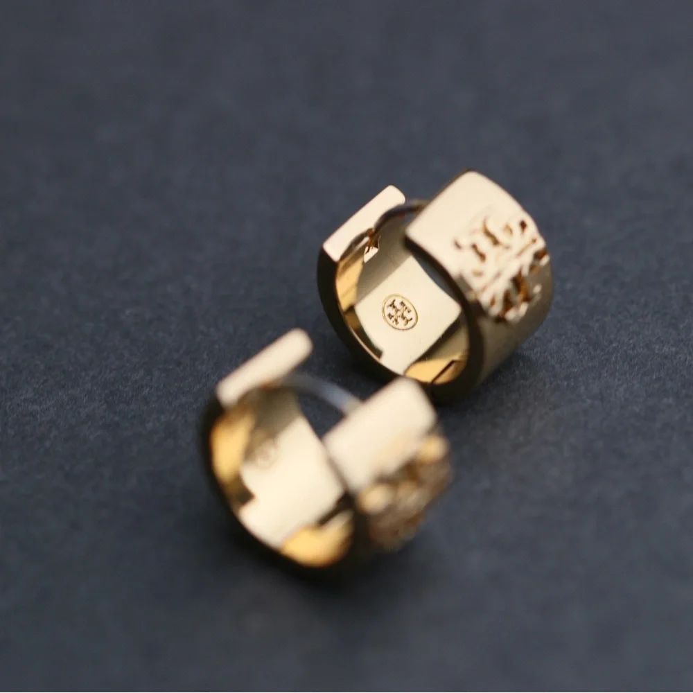 Tory Burch Polished Gold Logo Hinge Mini Hoops